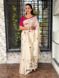 Cream Kashmiri Style Thread Embroidered Work Saree With Unstitched Blouse
