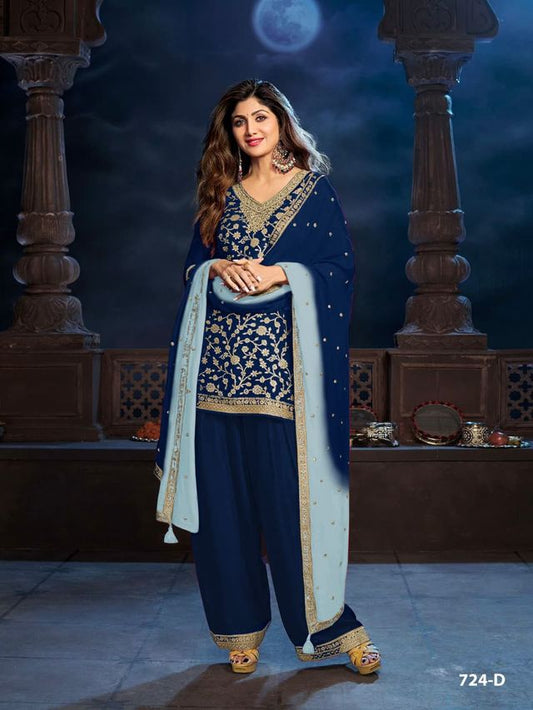 Navy Blue Chinon Semi stitched Wedding Suits