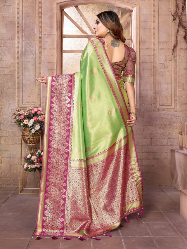 Pista Color Banarasi Tissue Silk Ethnic Jacquard Weving Designer Ceremonial Saree