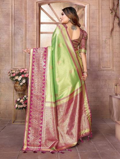 Pista Color Banarasi Tissue Silk Ethnic Jacquard Weving Designer Ceremonial Saree