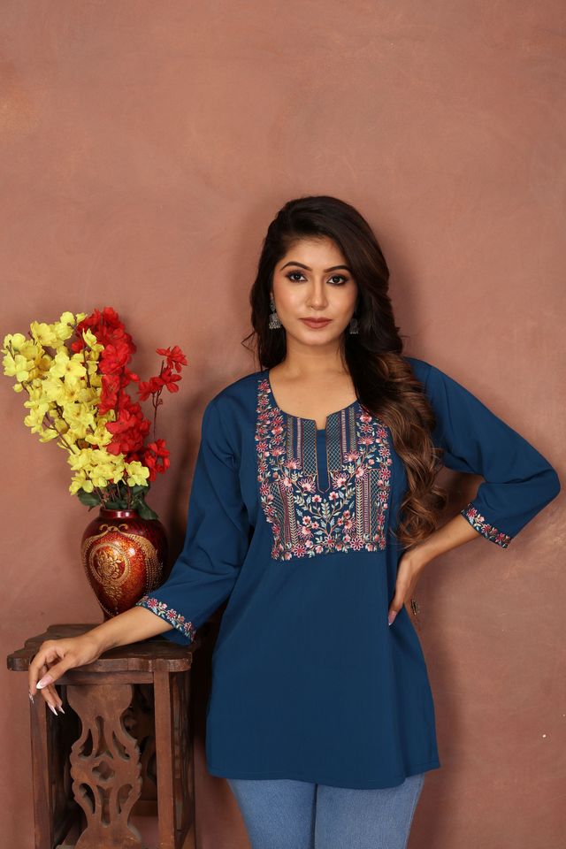 Blue Color Rinkal Cotton Fabric Formal Looking Casual Short Kurta