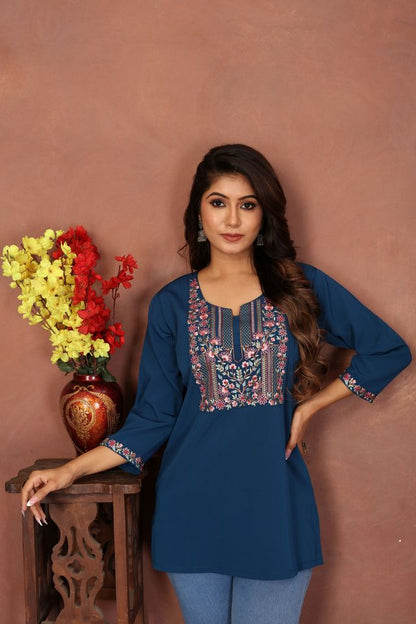 Blue Color Rinkal Cotton Fabric Formal Looking Casual Short Kurta