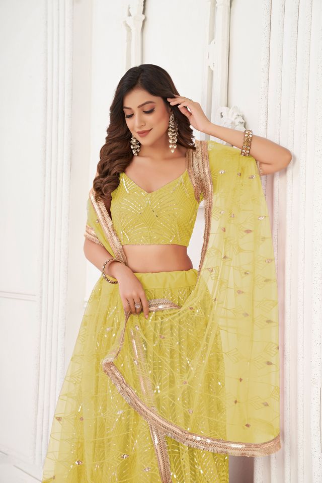 Lemon Color Butterfly Net Fabric Designer Sequins Embroidered Ceremonial Lehenga Choli