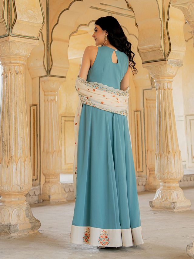 Blue Color Georgette Fabric Designer Embroidered Partywear Gown For Girlie Looks