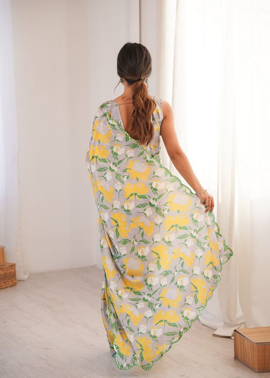 Off White Color Girlie Chinon Fabric Designer Digital Printed Ceremonial Saree