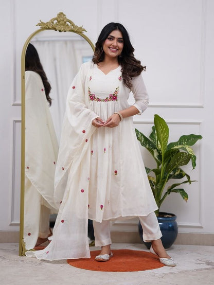 Off WhiteColor P V Chanderi Fabric Designer Embroiderd Stitched Suit