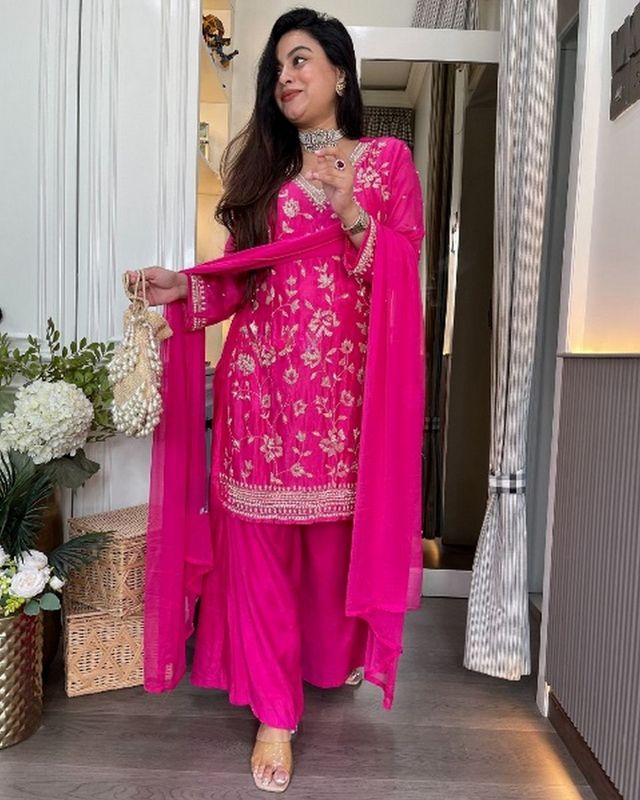 PinkColor Chinon Fabric Designer Embroiderd Stitched Suit