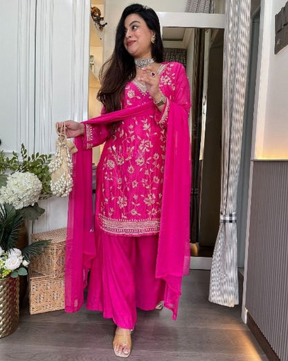 PinkColor Chinon Fabric Designer Embroiderd Stitched Suit