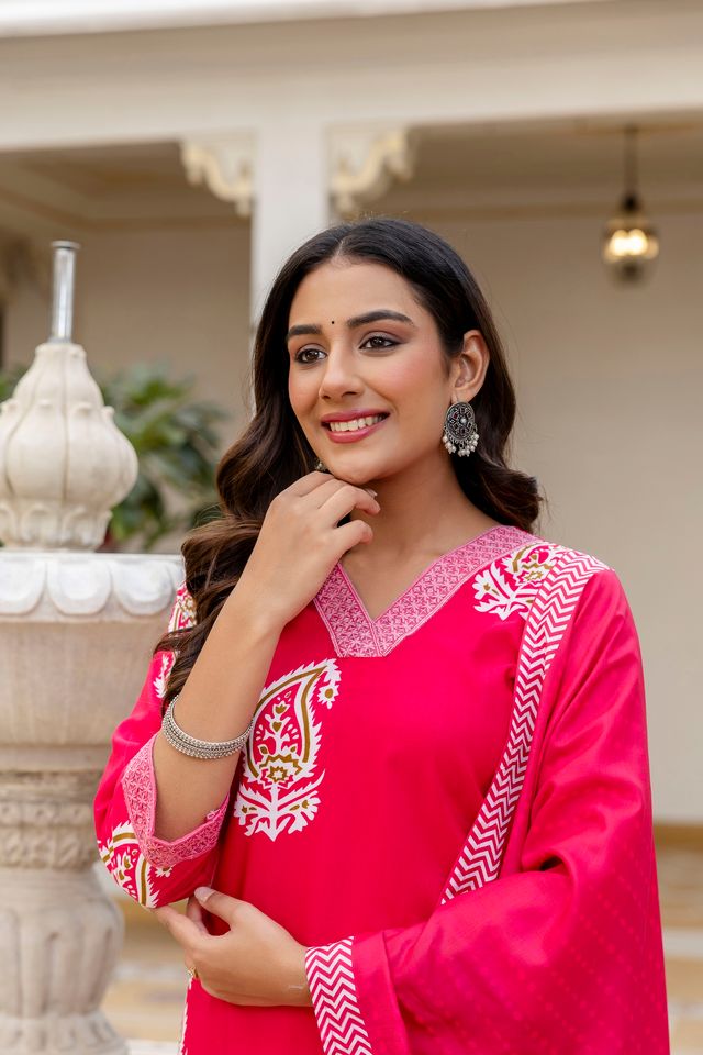 Pink Color Rayon Fabric Ceremonial Readymade Kurta Set with Dupatta