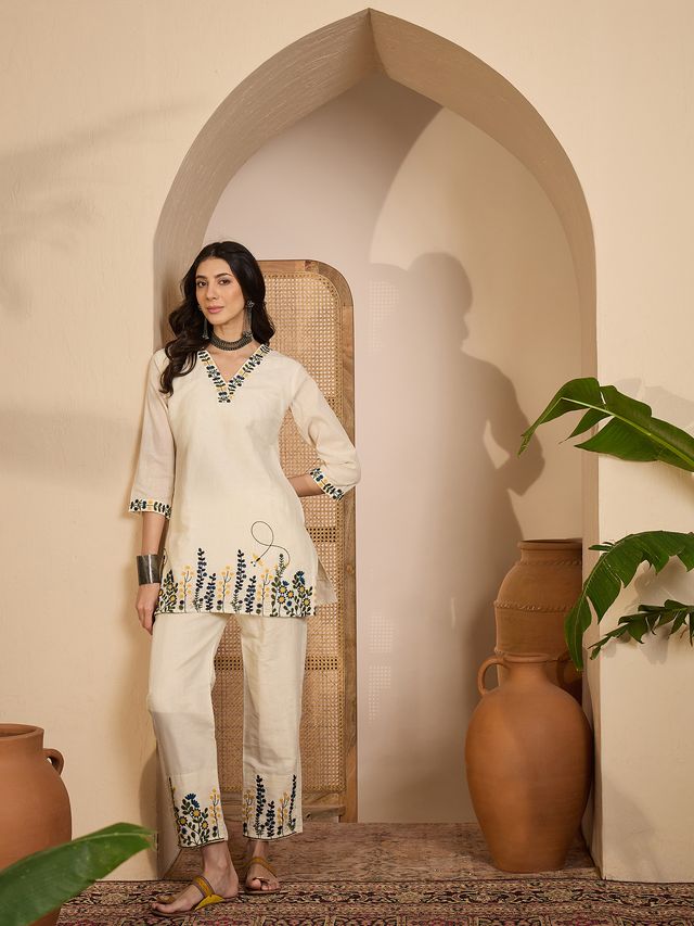 Beige Color Khadi Silk Fabric Designer Embroidered Co-ord Set 4150