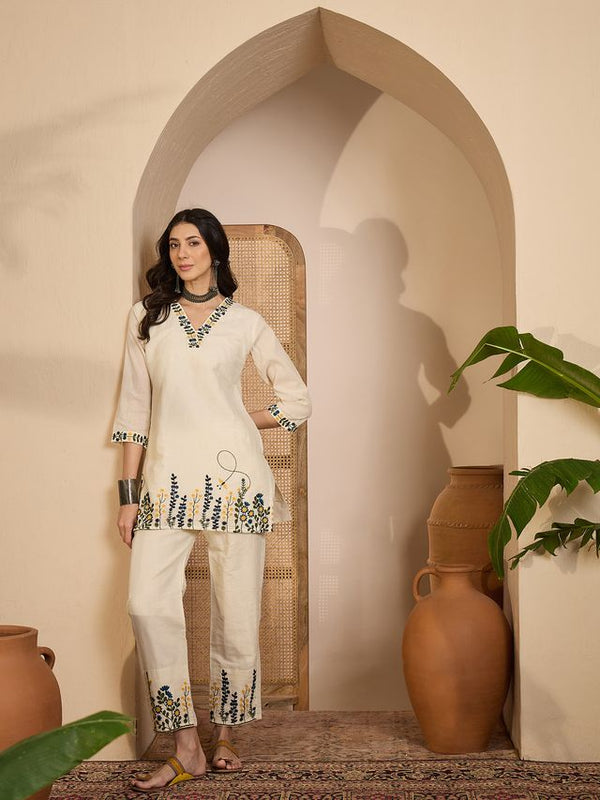 Beige Color Khadi Silk Fabric Designer Embroidered Co-ord Set 4150