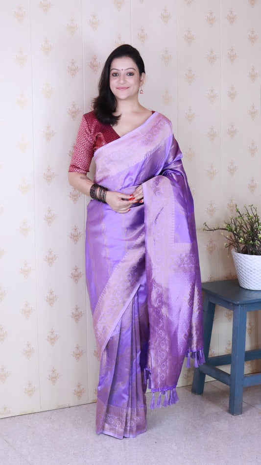 Lavender Color Soft Silk Woven Jari Designer Ethnic Partywear Saree