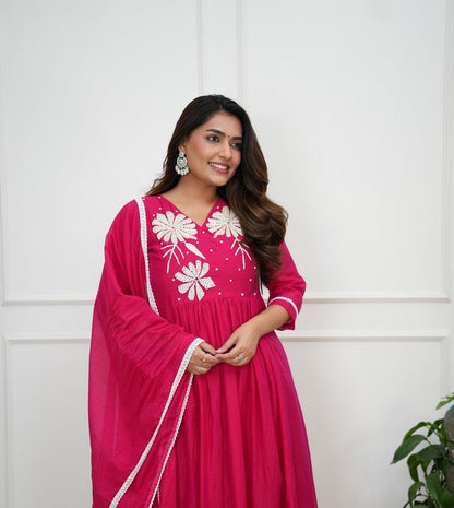 PinkColor Roman Silk Fabric Designer Embroiderd Stitched Suit