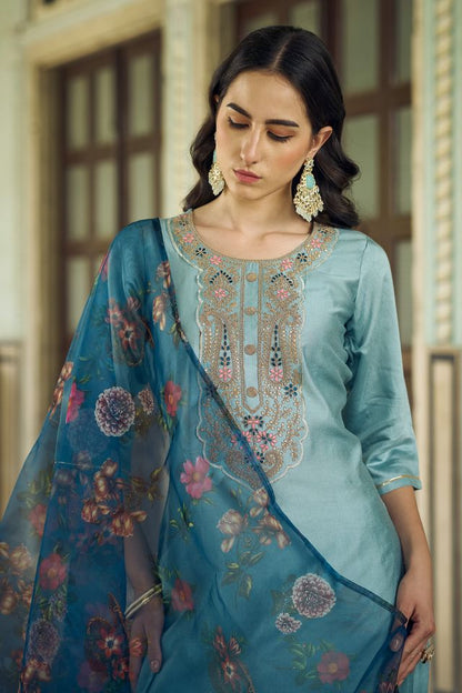 Sky Blue Color Viscose Rayon Fabric Beautiful Embroidered Kurta Set With Dupatta