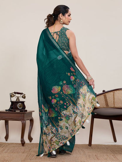 Rama Color Linen Silk Fabric Ethnic Partywear Saree