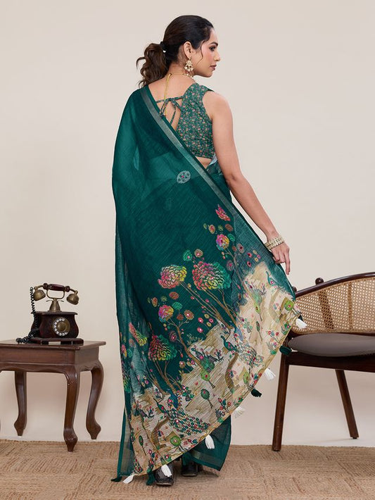 Rama Color Linen Silk Fabric Ethnic Partywear Saree