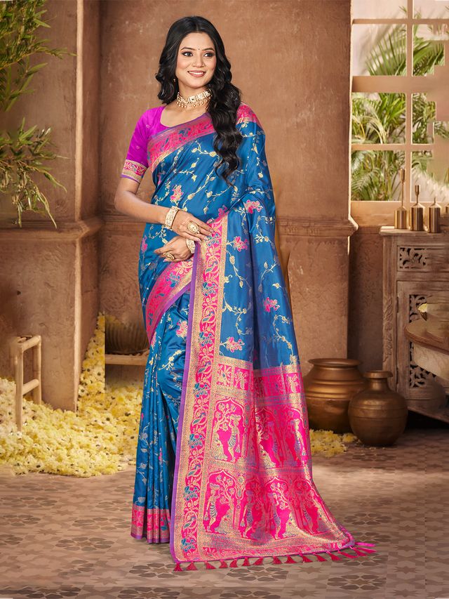 Peacock Blue Color Silk Fabric Woven Designer Ethnic Partywear Saree