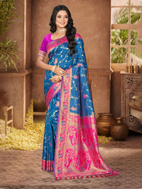 Peacock Blue Color Silk Fabric Woven Designer Ethnic Partywear Saree
