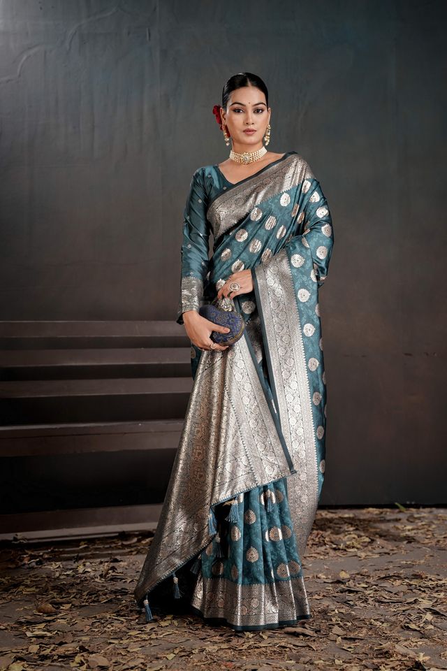 Teal Color Silk Blended Fabric Woven Jacquard Designer Partywear Saree