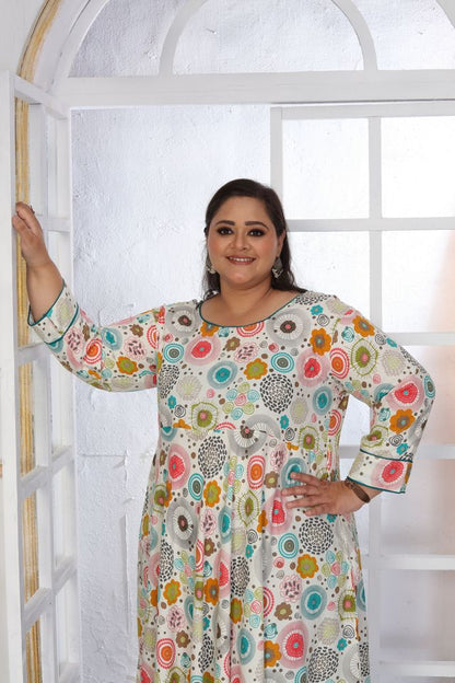 Off White Color Rayon Fabric Designer Printed Plus Size Kurta For Girls