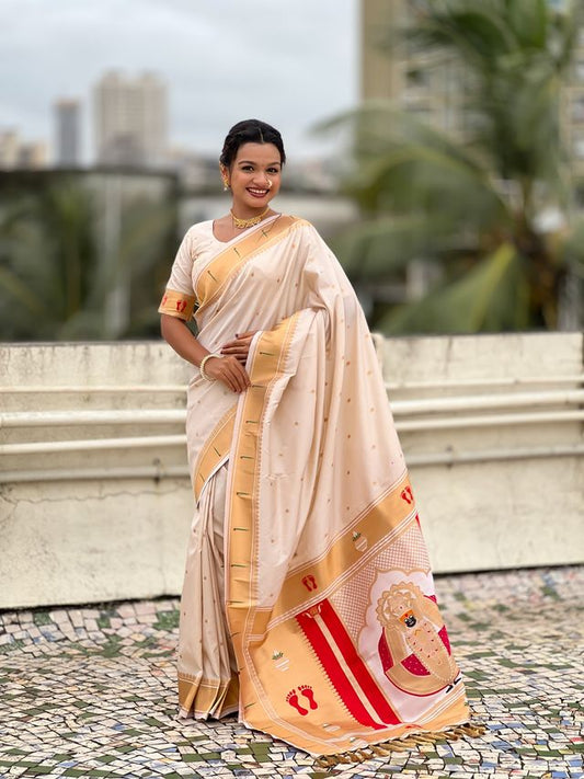 Cream Color Soft Silk Fabric Woven Paithani Designer Cultural Rich Saree