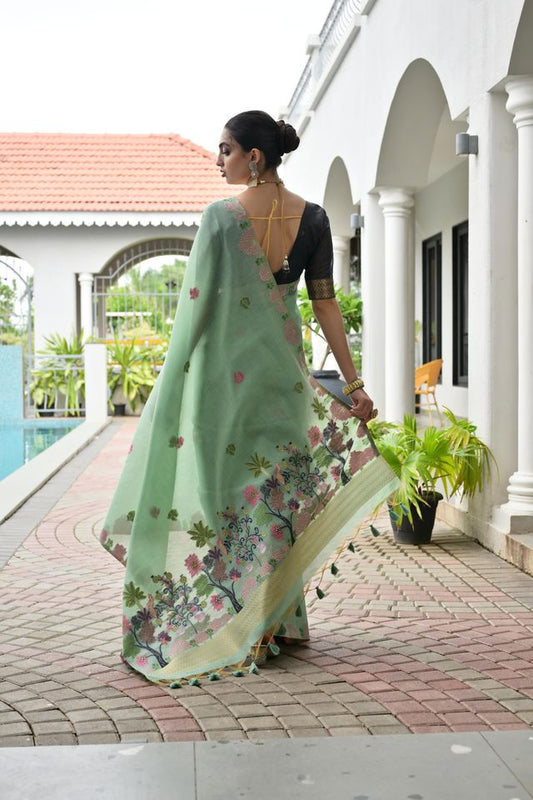 Pista Color Chanderi Cotton Fabric Weaving Reshan Flower Designer Ethnic Saree