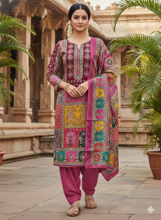 Maroon Color Chinon Fabric Designer Printed Ethnic Ceremonial Suit