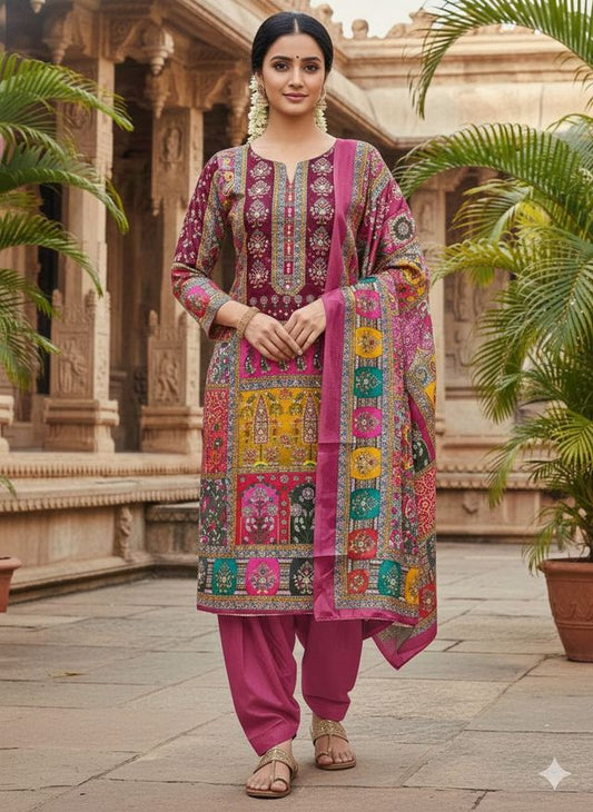 Maroon Color Chinon Fabric Designer Printed Ethnic Ceremonial Suit