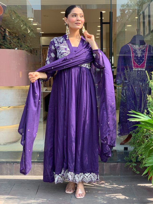 LavenderColor Roman Silk Fabric Designer Embroiderd Stitched Suit