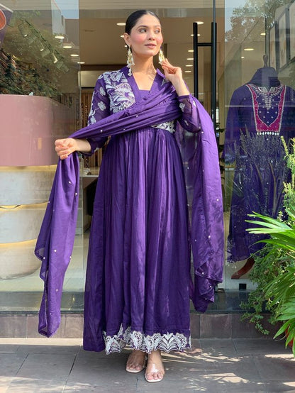 LavenderColor Roman Silk Fabric Designer Embroiderd Stitched Suit