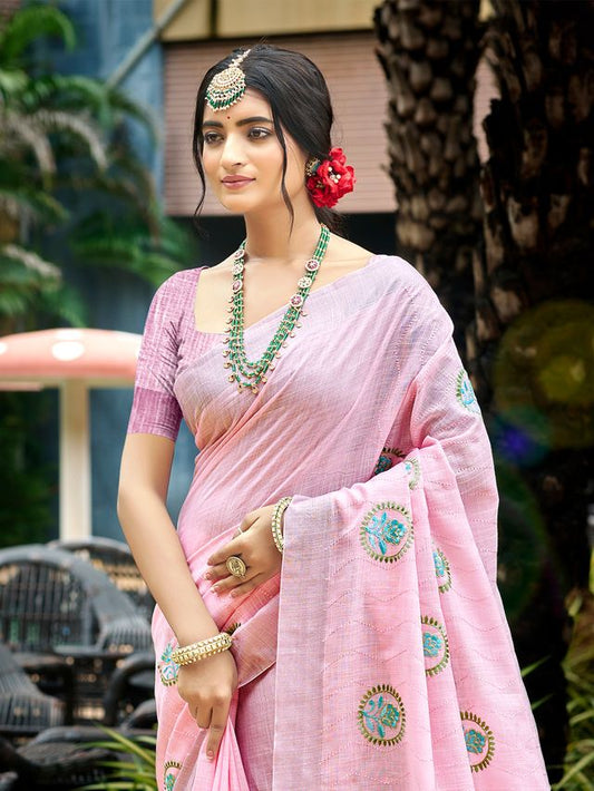 Baby Pink Color Linen Fabric Woven Designer Saree With Floral Embroidered Work