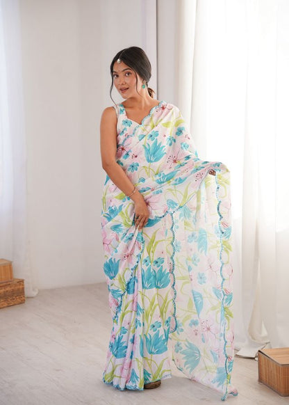 White Color Girlie Chinon Fabric Designer Digital Printed Ceremonial Saree