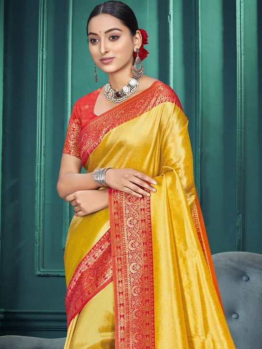 Yellow Color Traditional Kanjivaram Silk Saree With Beautiful Woven Designer