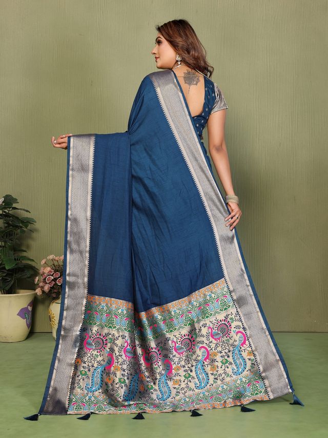 Blue Color Paithani Silk Fabric Paithani Woven Gala Designer Saree