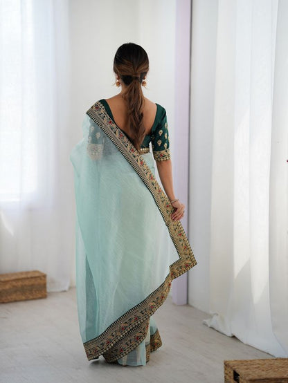 Sea Green Color Banarasi Crush Fabric Graceful Partywear Sequins Embroidered Saree
