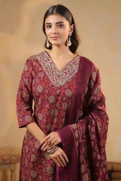 Maroon Color Cotton Fabric Stylish And Trendy Kurta Set For Ethnic Girls