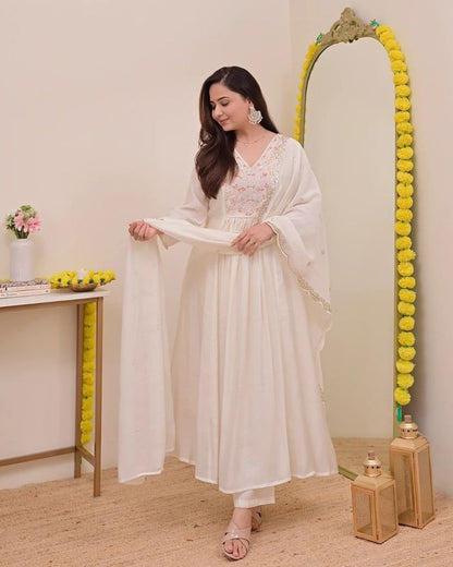 CreamColor Chanderi Silk Fabric Designer Embroiderd Stitched Suit