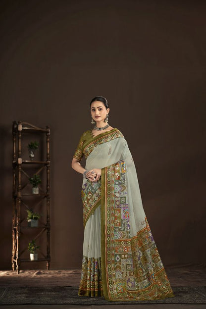 Pista Color Crepe Silk Fabric Designer Foil Printed Saree