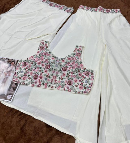 White Chinon Silk Indowestern Crop Top, Skirt And Shrug Set Free Size Full Stitched Upto 42