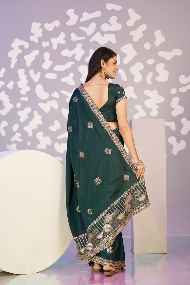 Green Color Crepe Fabric Embroidery Work Ready To Wear Saree