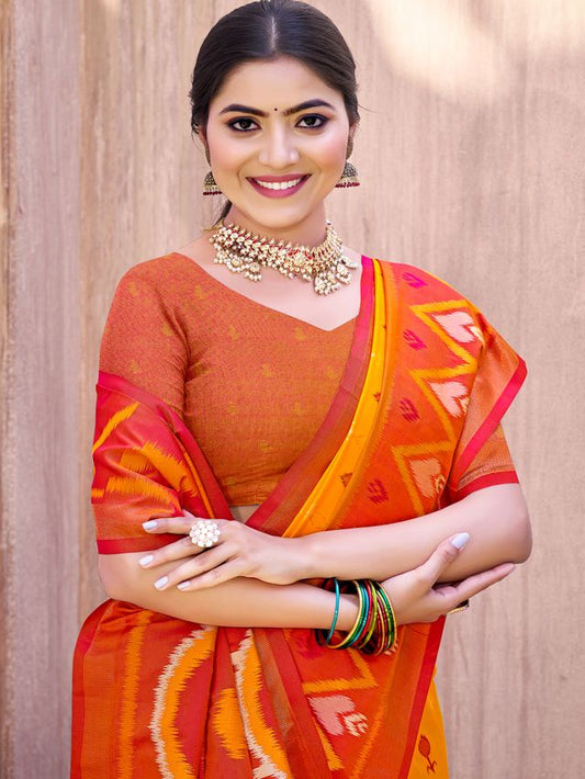 Yellow Color Pochampalli Silk Fabric Designer Woven Ethnic Ceremonial Saree