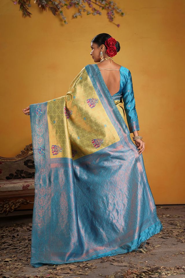 Firozi Color Beautiful Art Silk Fabric Woven Jacquard Designer Saree