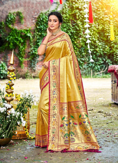 Yellow Color Silk Blended Woven Designer Ethnic Partywear Saree