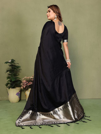Black Color Satin Silk Fabric Ethnic Woven Lagdi Pallu Designer Saree