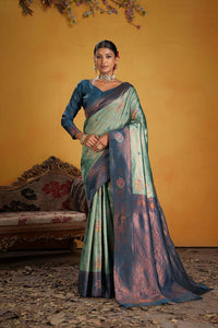 Teal Color Beautiful Art Silk Fabric Woven Jacquard Designer Saree