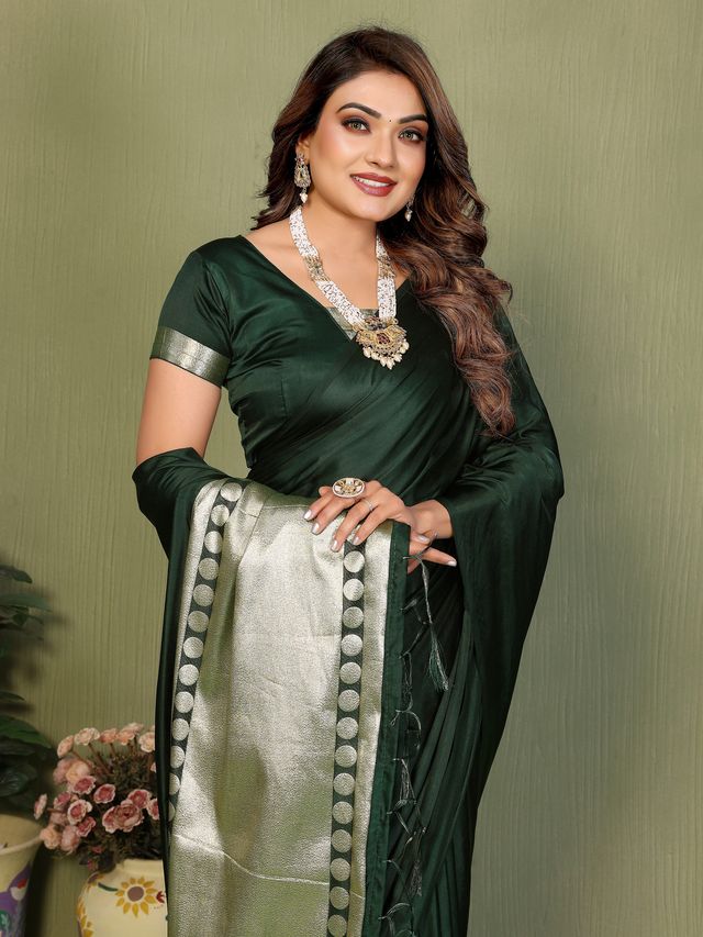 Green Color Satin Silk Fabric Ethnic Woven Lagdi Pallu Designer Saree