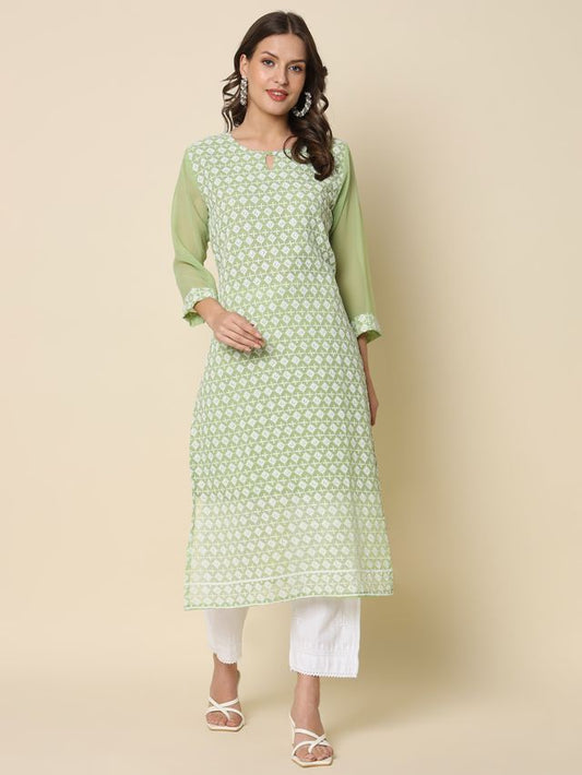 Pista Color Georgette Fabric Chikankari Work Formal Kurta For Girls