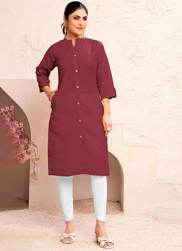 Maroon Color Magic Cotton Fabric Solid Designer Formal Girlie Kurta