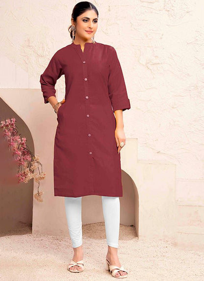 Maroon Color Magic Cotton Fabric Solid Designer Formal Girlie Kurta