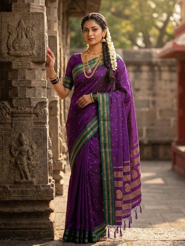 Purple Color Soft Silk Fabric Woven Jari Designer Ethnic Party Looks Saree